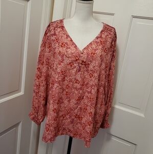 NWT Terra & Sky Pink & Purple Floral Print Henley Woven Top Size 0X/14W colorful